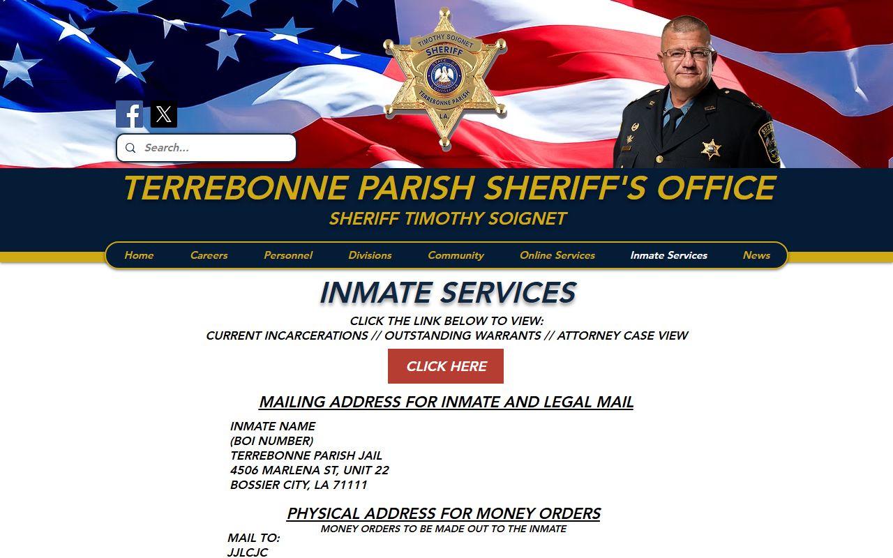 Terrebonne Parish County inmate services page for jail roster and inmate population records