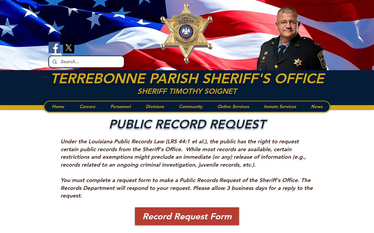 Terrebonne Parish booking photo records request through the TPSO records page